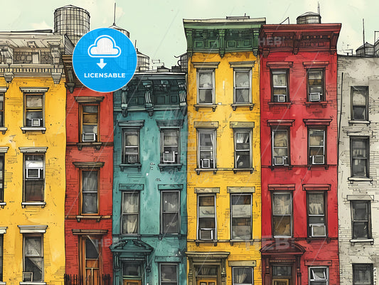 Risograph Of A Futuristic Cityscape, A Row Of Multicolored Buildings