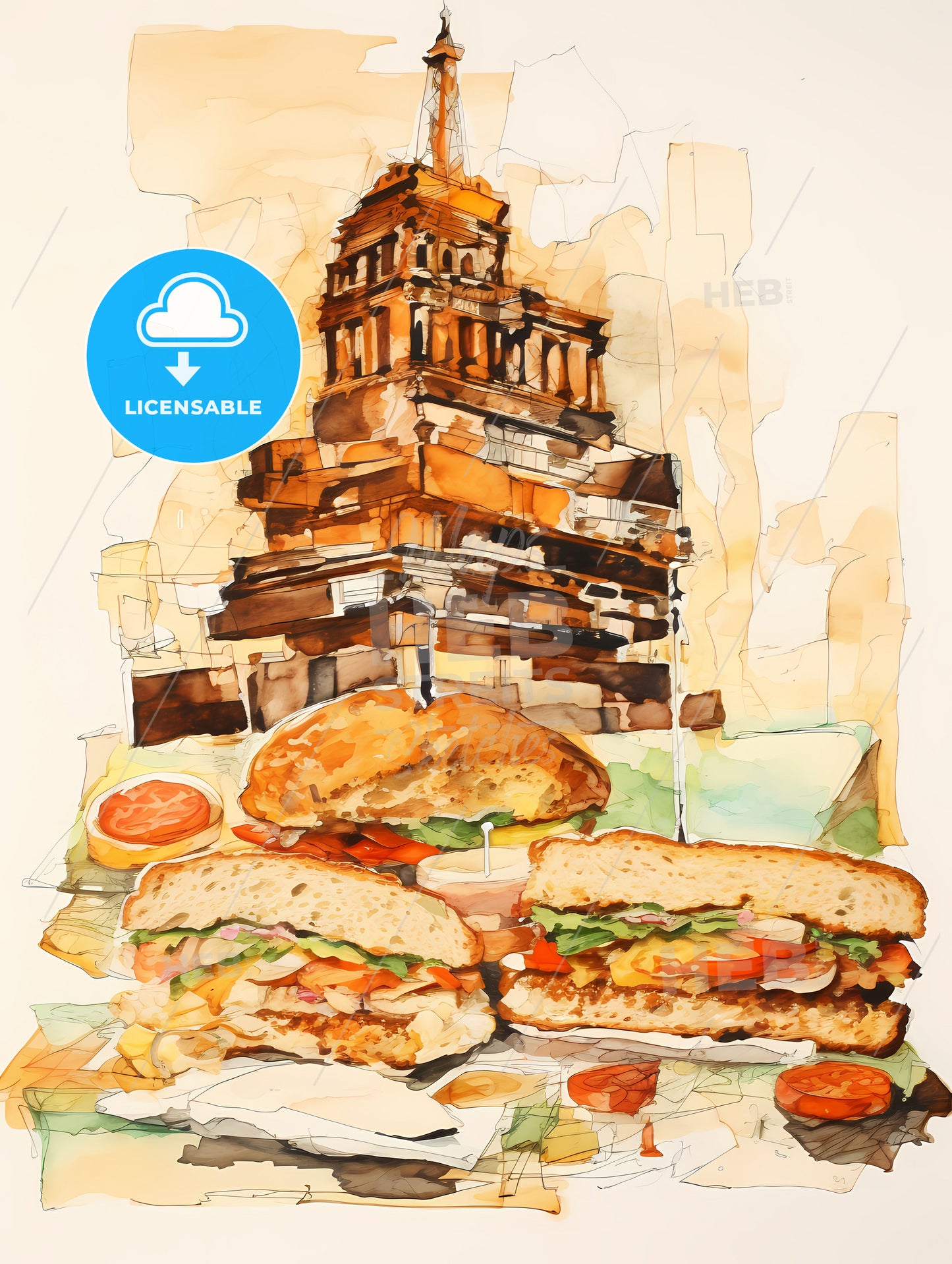 Illustration Of A Sandwich, A Watercolor Of A Sandwich And A Building
