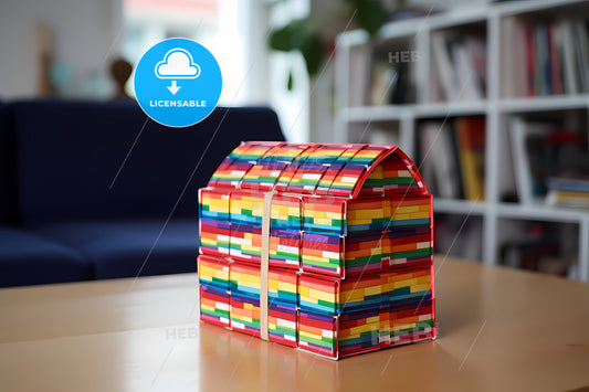 A Gift Box With Rainbow Color Ribbon, A Building Blocks On A Table