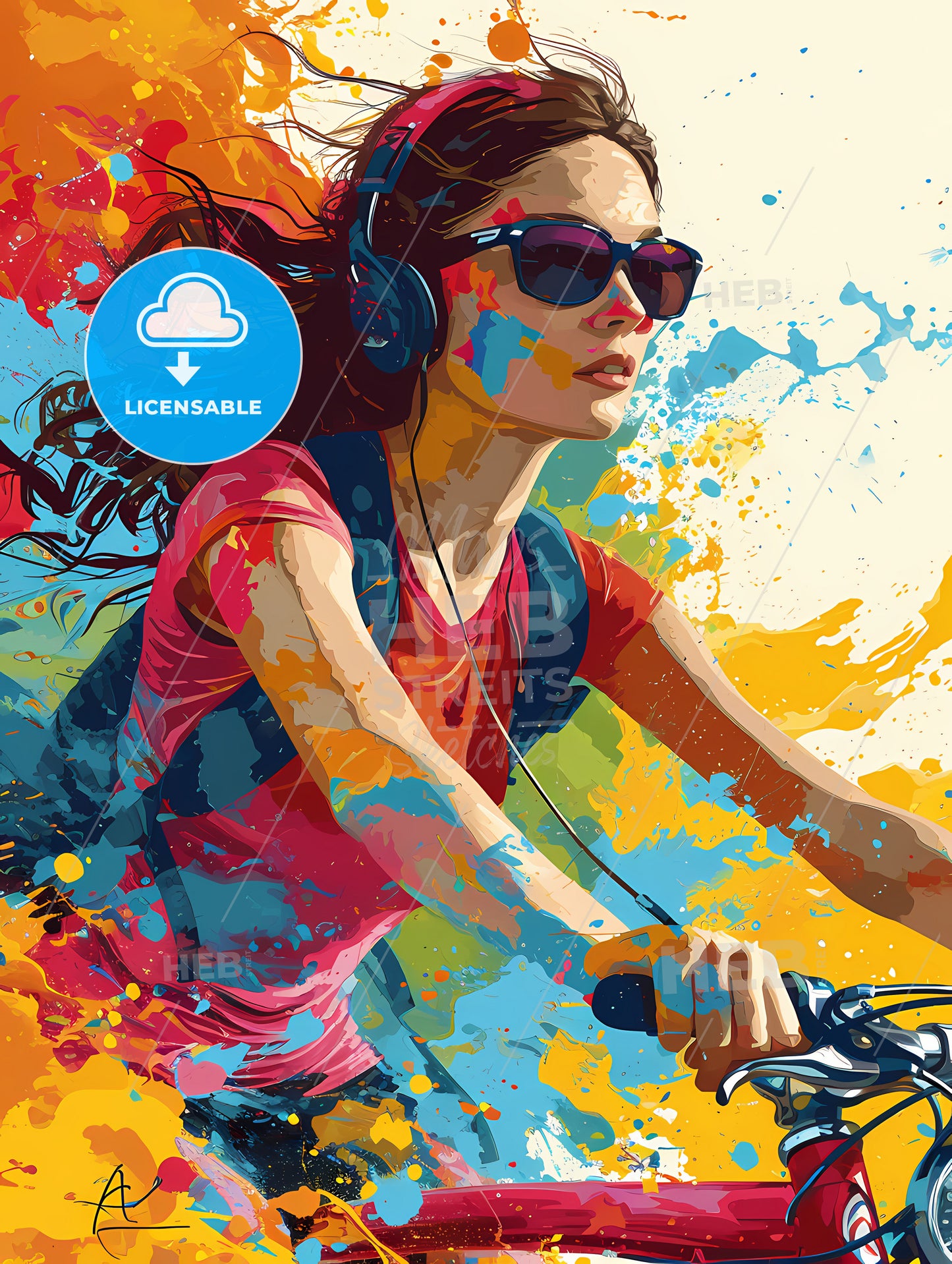 An Art Illustration Of A Triathlon, A Woman Riding A Bike With Colorful Paint Splashes