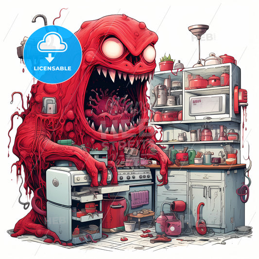 A Large Red Monster, A Red Monster In A Kitchen
