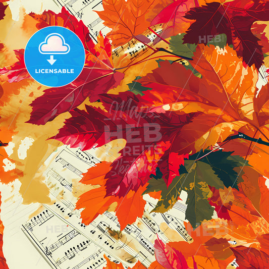 A Seamless Pattern Of Music Sheets, A Colorful Leaves On A Sheet Of Music