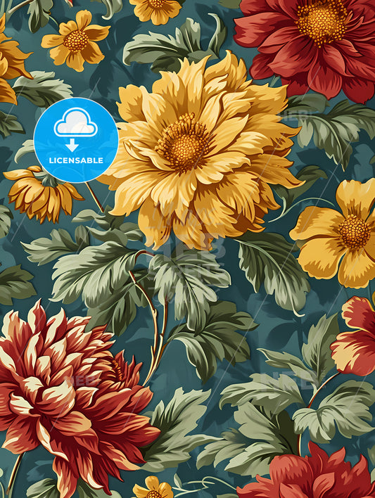 Vintage Wallpaper Design, A Colorful Floral Pattern On A Blue Background