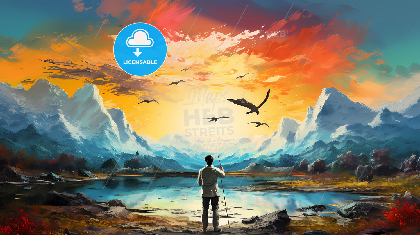 A Painter Is Painting A Beautiful Landscape, A Man Standing On A Rocky Shore Looking At Birds Flying In The Sky