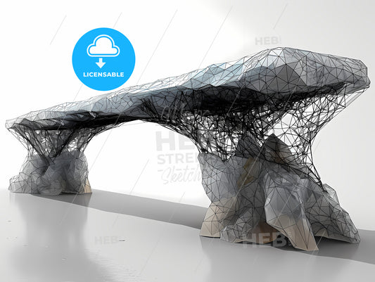 Line Drawing Of Minimal Futuristic Bench, A Low Poly Bridge With Black Lines And A White Background
