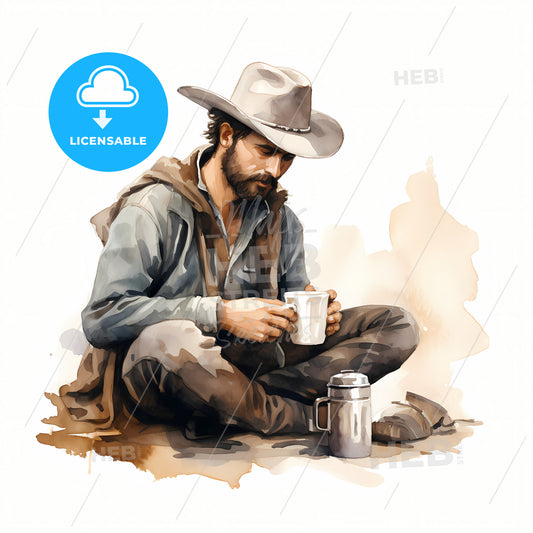Cowboy Drinking Coffee, A Man In A Cowboy Hat Holding A Mug