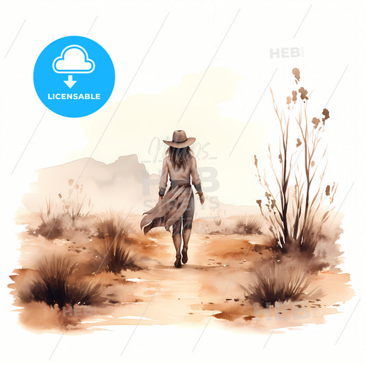 Beautiful Woman In Cowboy Hat Walking Away, A Woman Walking In A Desert
