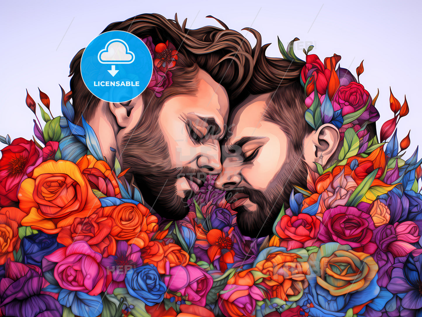 Dessin Pour Coloriage Couple Gay, A Couple Of Men With Flowers Around Their Heads