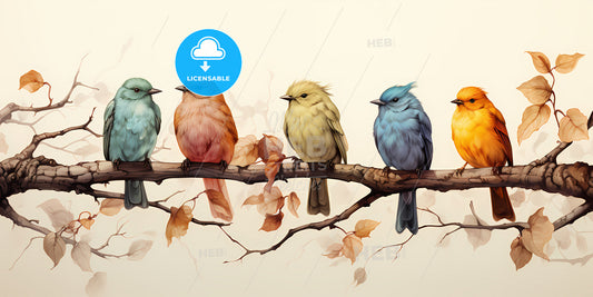 A Group Of Five Birds Are Lined Up, A Group Of Colorful Birds Sitting On A Branch