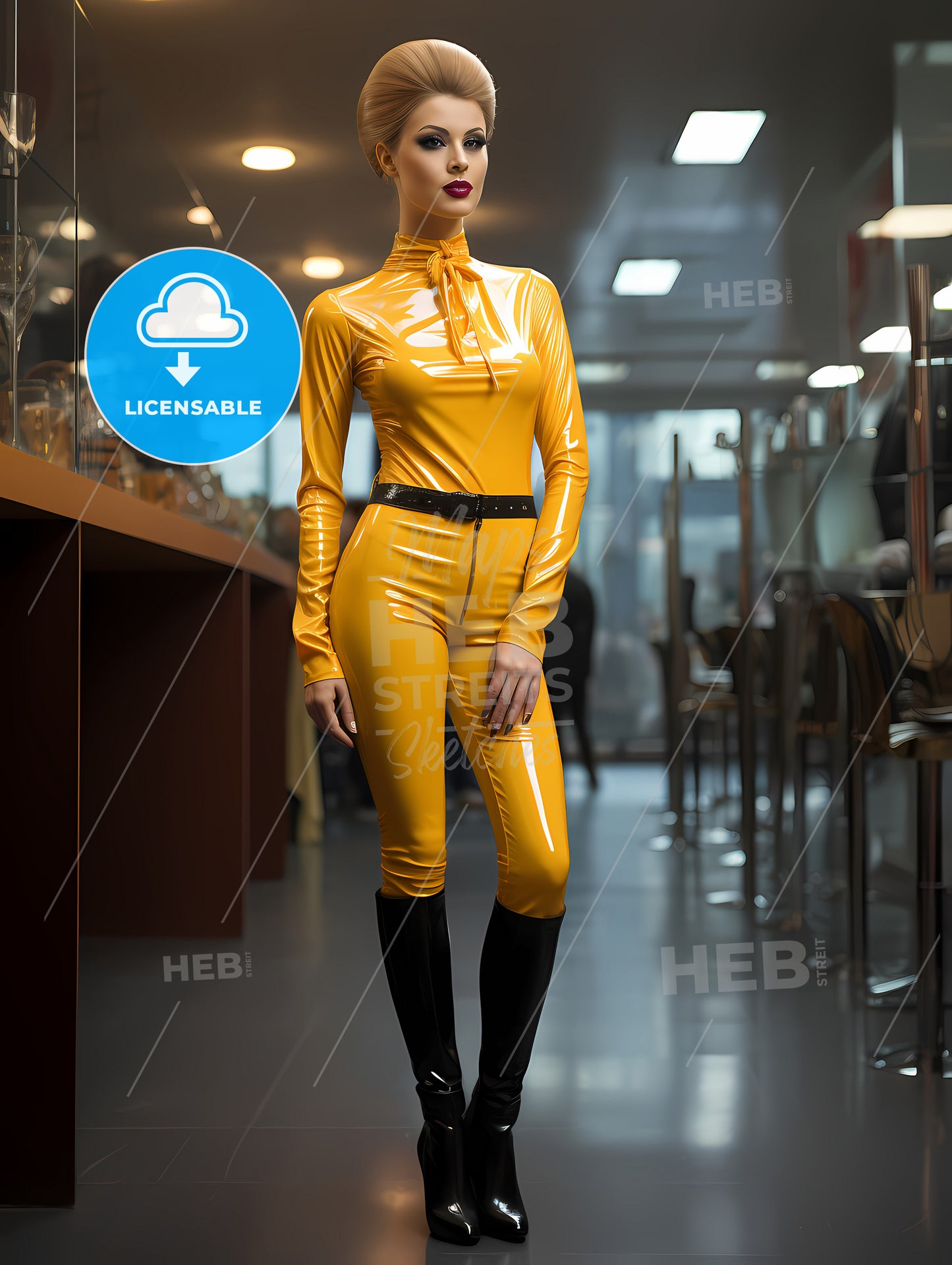 Beautiful Upright Standing Lady, A Woman In A Yellow Latex Suit