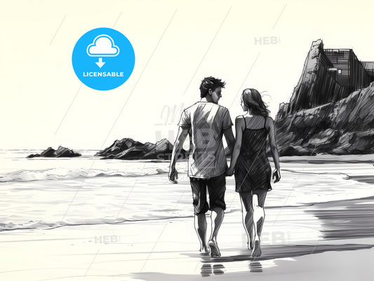 A Young Couple Walked Hand In Hand On The Beach, A Man And Woman Walking On A Beach