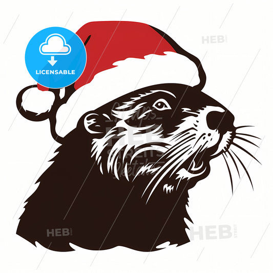 Silhouette Of A Smiling Beaver, A Black And White Image Of A Beaver Wearing A Santa Hat