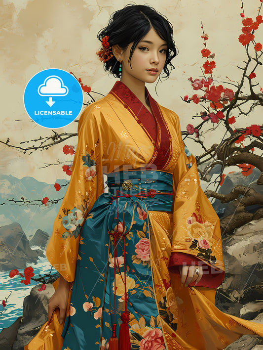 American Fashion Magazine Styled Illustration, A Woman In A Kimono