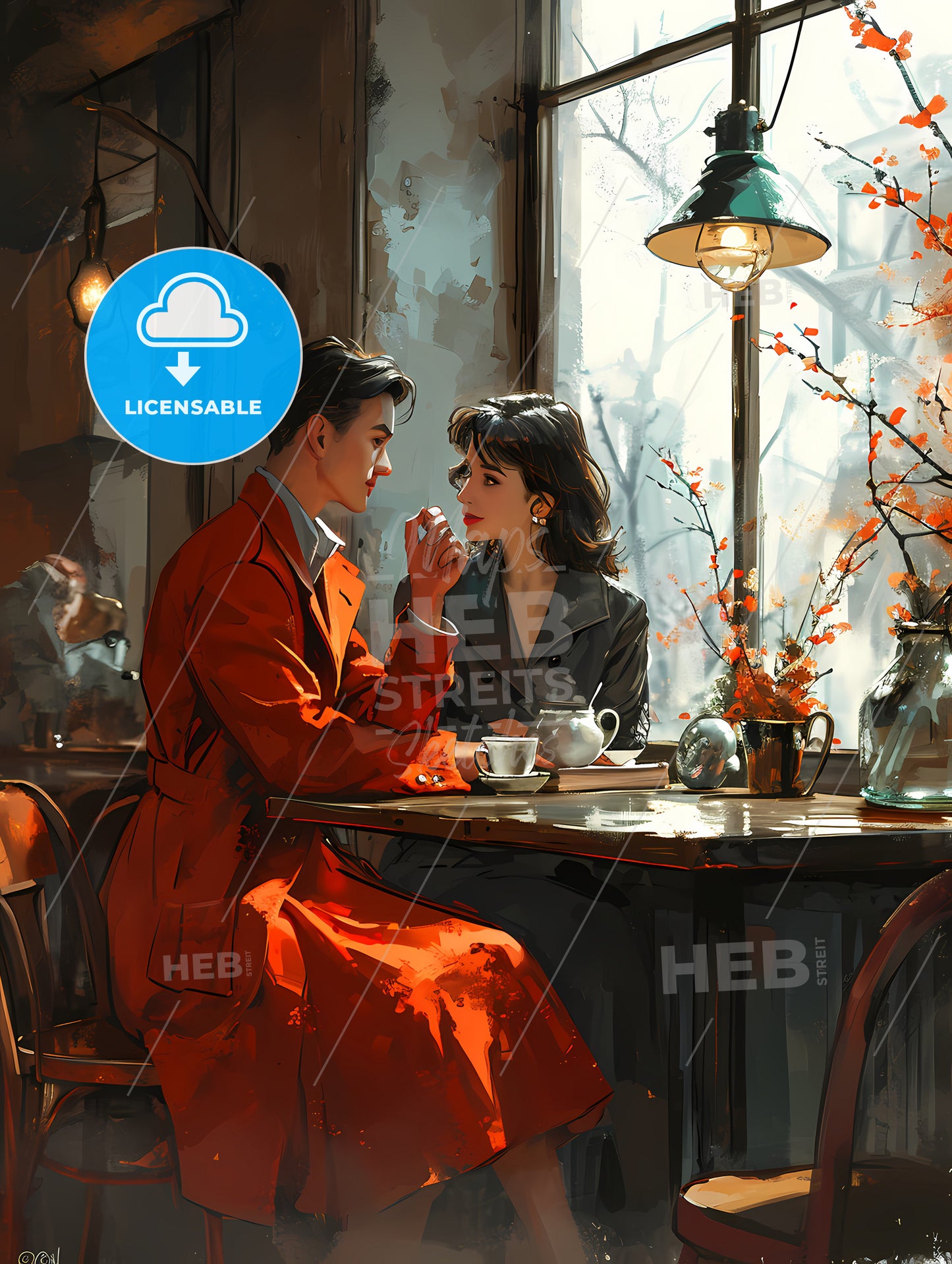Paper Art Style Illustration, A Man And Woman Sitting At A Table