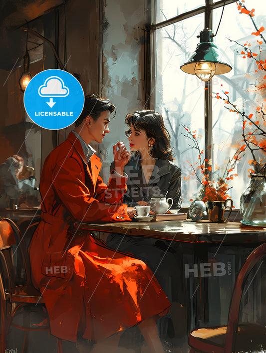 Paper Art Style Illustration, A Man And Woman Sitting At A Table