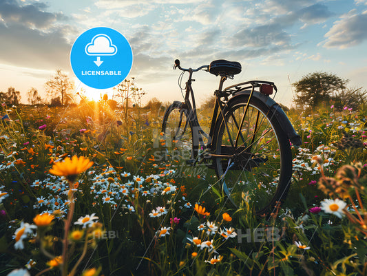 Beautiful Spring Summer Natural Landscape, A Bicycle In A Field Of Flowers