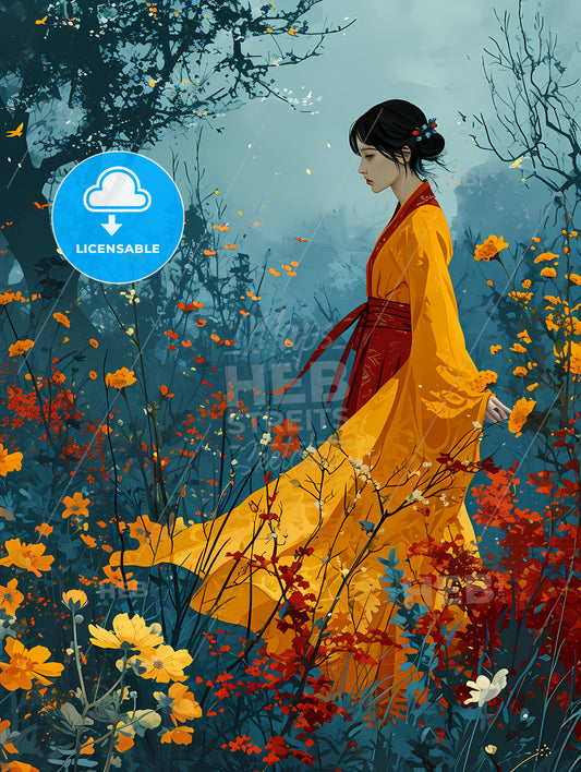 American Fashion Magazine Styled Illustration, A Woman In A Yellow Dress Walking Through A Field Of Flowers
