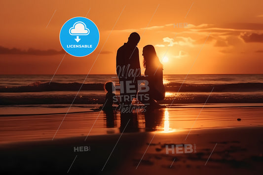 Silhouette Of Happy Family Together, A Silhouette Of A Family On A Beach