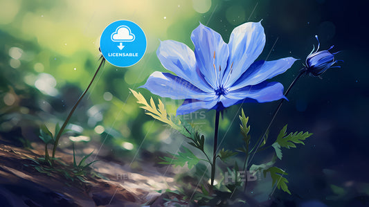 Vintage In Image Of Blue Flower, A Blue Flower With Green Leaves