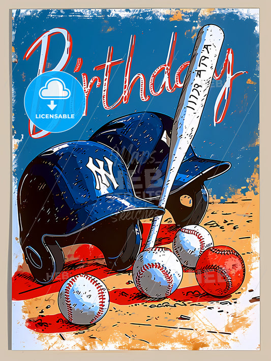 A Card Adorned With Baseballs, Baseball Helmet And Bat On A Baseball Field