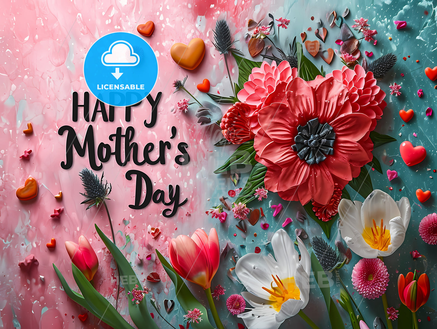 Happy Mother's Day Greeting Card, A Group Of Flowers And Hearts On A Pink Background