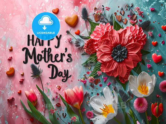 Happy Mother's Day Greeting Card, A Group Of Flowers And Hearts On A Pink Background