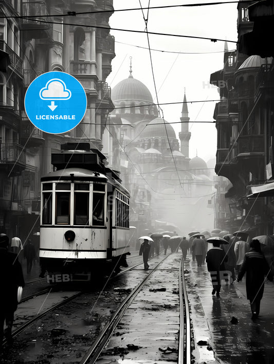 Istanbul, A Trolley On A Street With People Walking On It