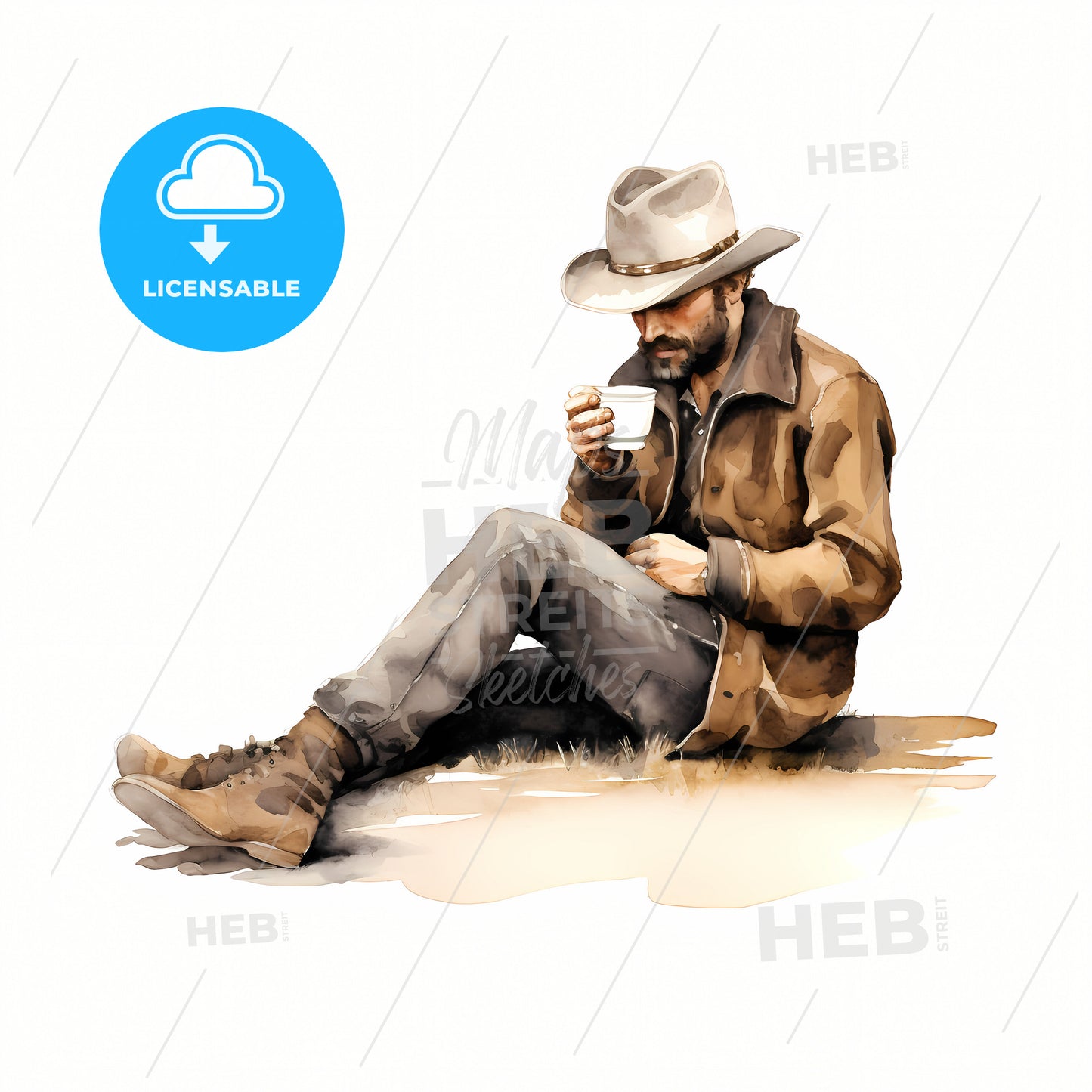 Cowboy Drinking Coffee, A Man Sitting On The Ground Drinking From A Cup