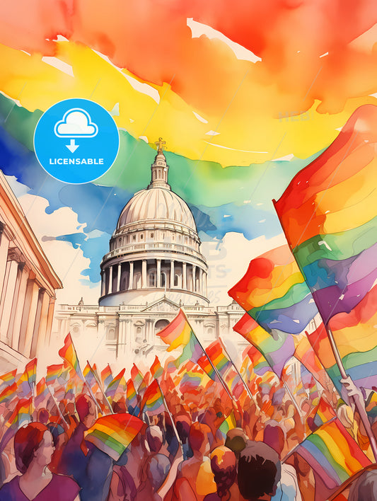 Lgbt Pride Illustration, A Group Of People Holding Rainbow Flags In Front Of A Building