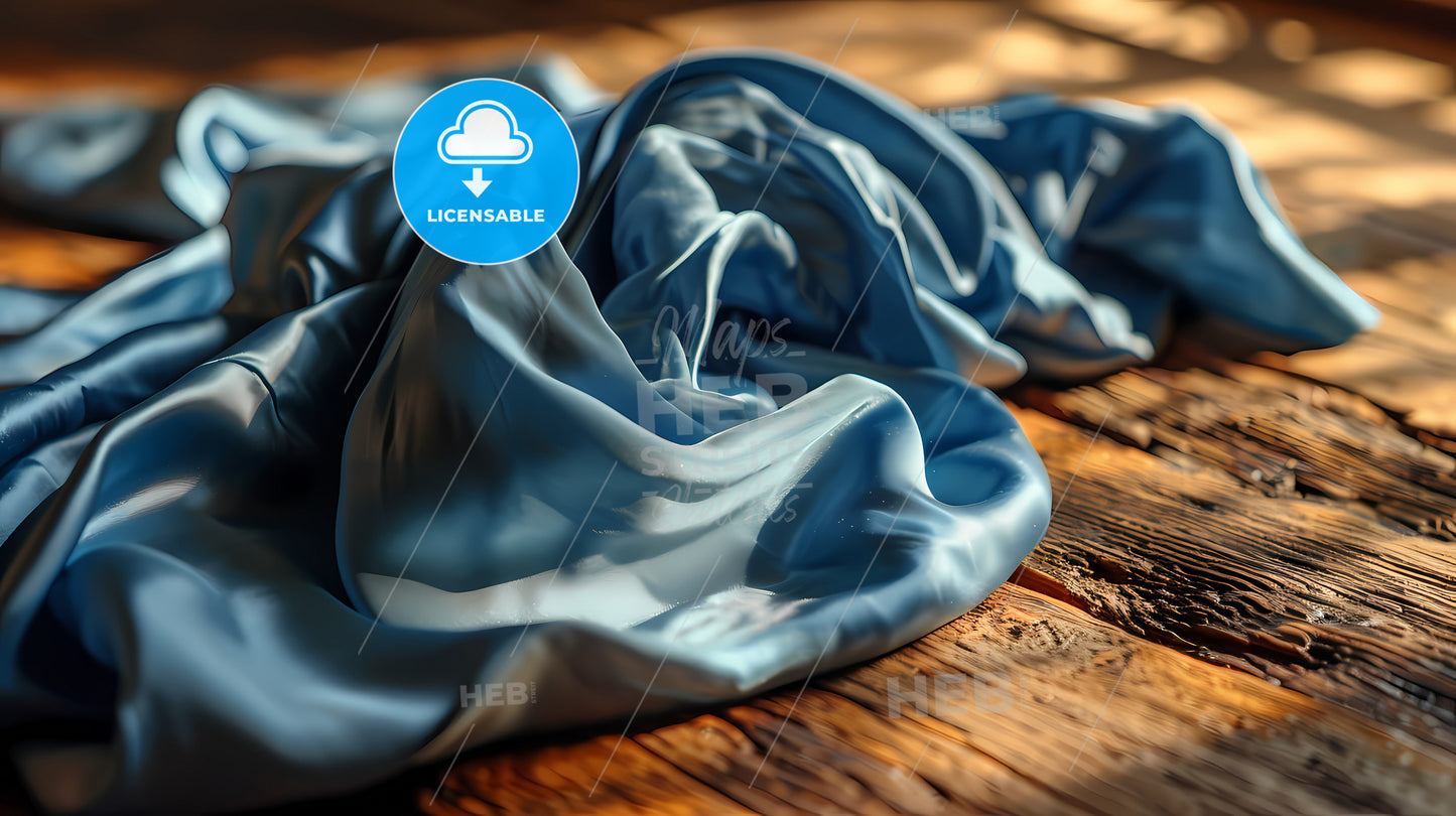 Light Silk Blue Fabric, A Blue Cloth On A Wooden Surface