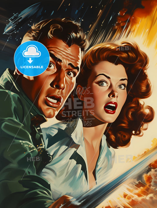 1940S Retro Sci-Fi Style Painting, A Man And Woman Looking Surprised