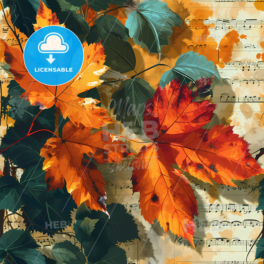 A Seamless Pattern Of Music Sheets, A Painting Of Leaves And Music Notes