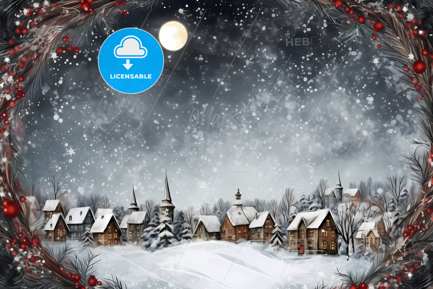 Fantasy Christmas Frame, A Snow Covered Village With A Full Moon