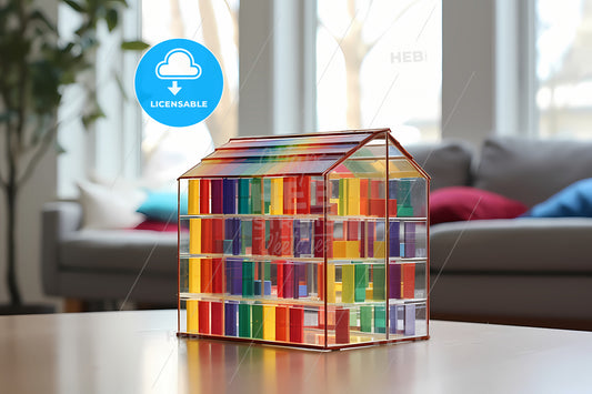A Gift Box With Rainbow Color Ribbon, A Colorful Plastic House On A Table