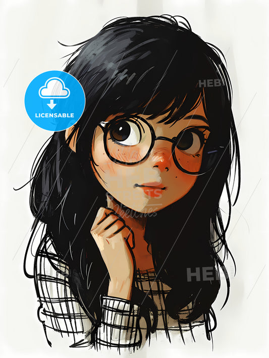 A Line Drawing Of A Cute Cartoon Girl, A Cartoon Of A Girl With Glasses