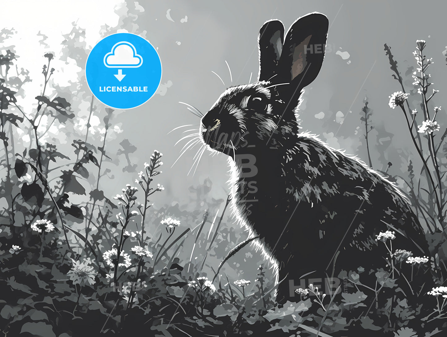 Vector Illustration Of A Rabbit, A Rabbit In A Field Of Flowers