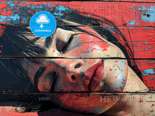 Painted Portrait Of Woman In Bed, A Woman With Red Lipstick And Black Hair Lying On A Wood Surface