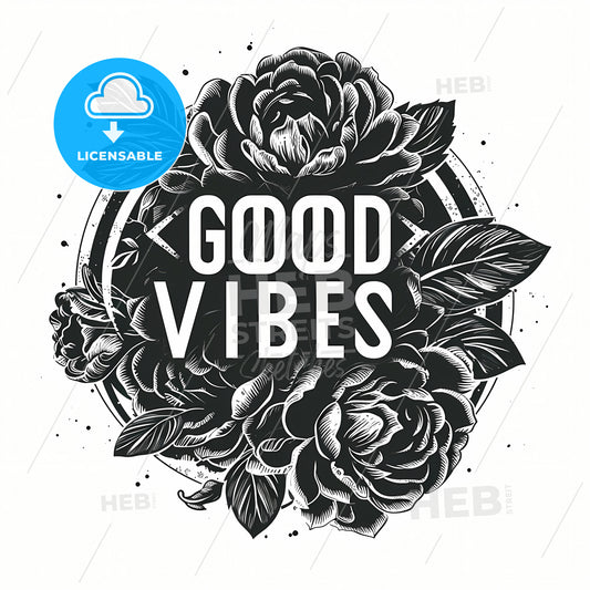 Good Vibes, A Black And White Graphic Design Of Flowers