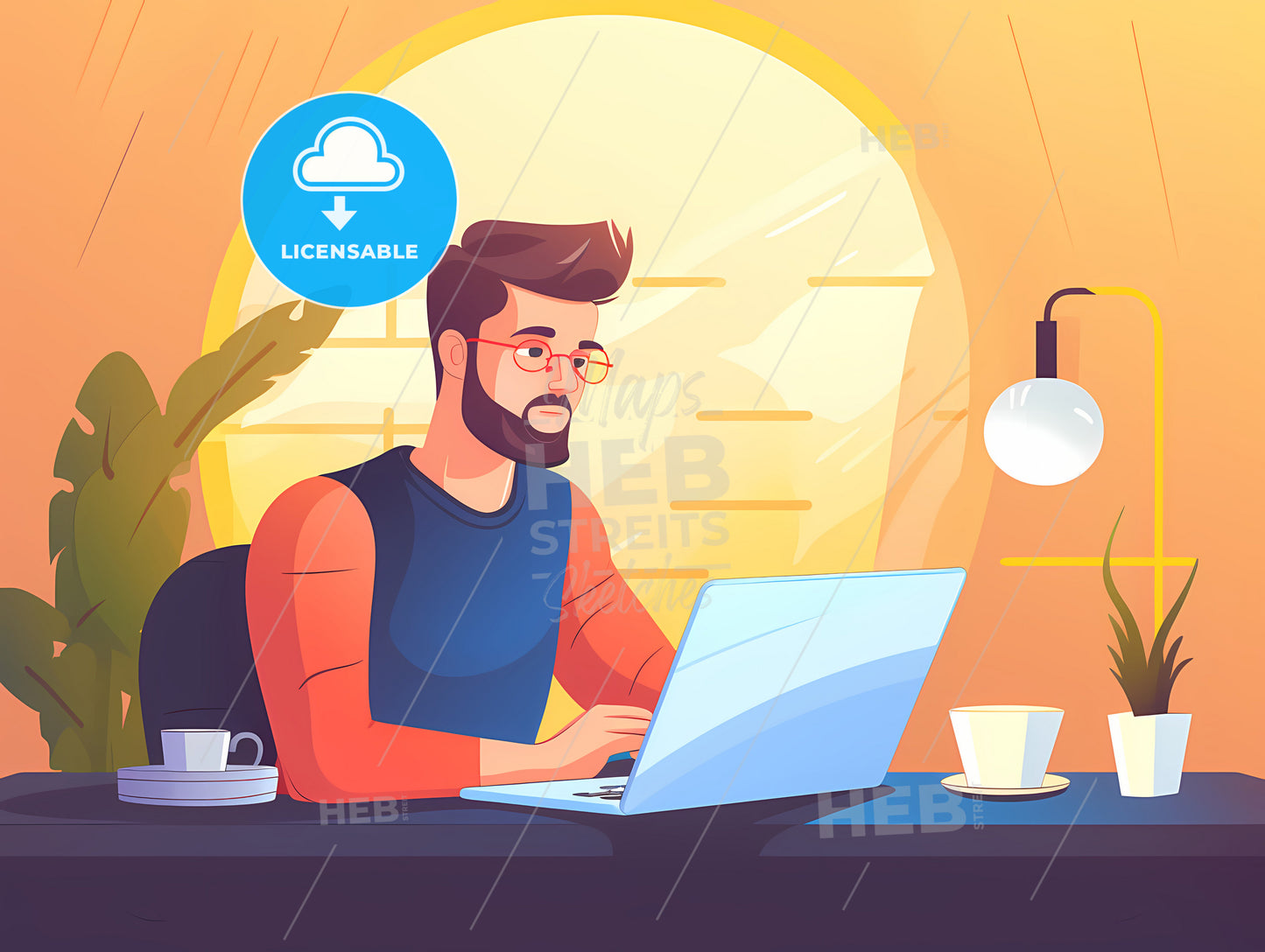 Young Man Working From Home, A Man Sitting At A Desk With A Laptop