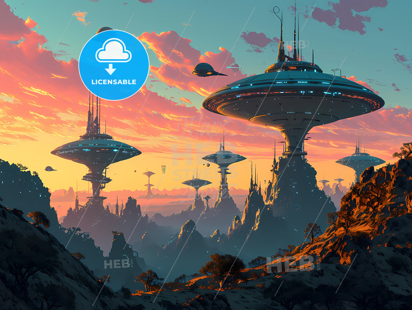 Risograph Of A Futuristic Cityscape, A Landscape With A Group Of Ufos And Mountains