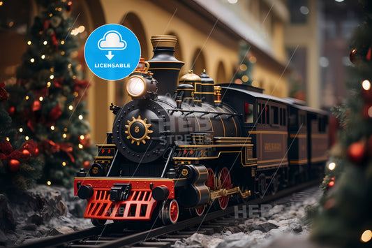 A Photo Of A Christmas Train Riding, A Toy Train On The Tracks
