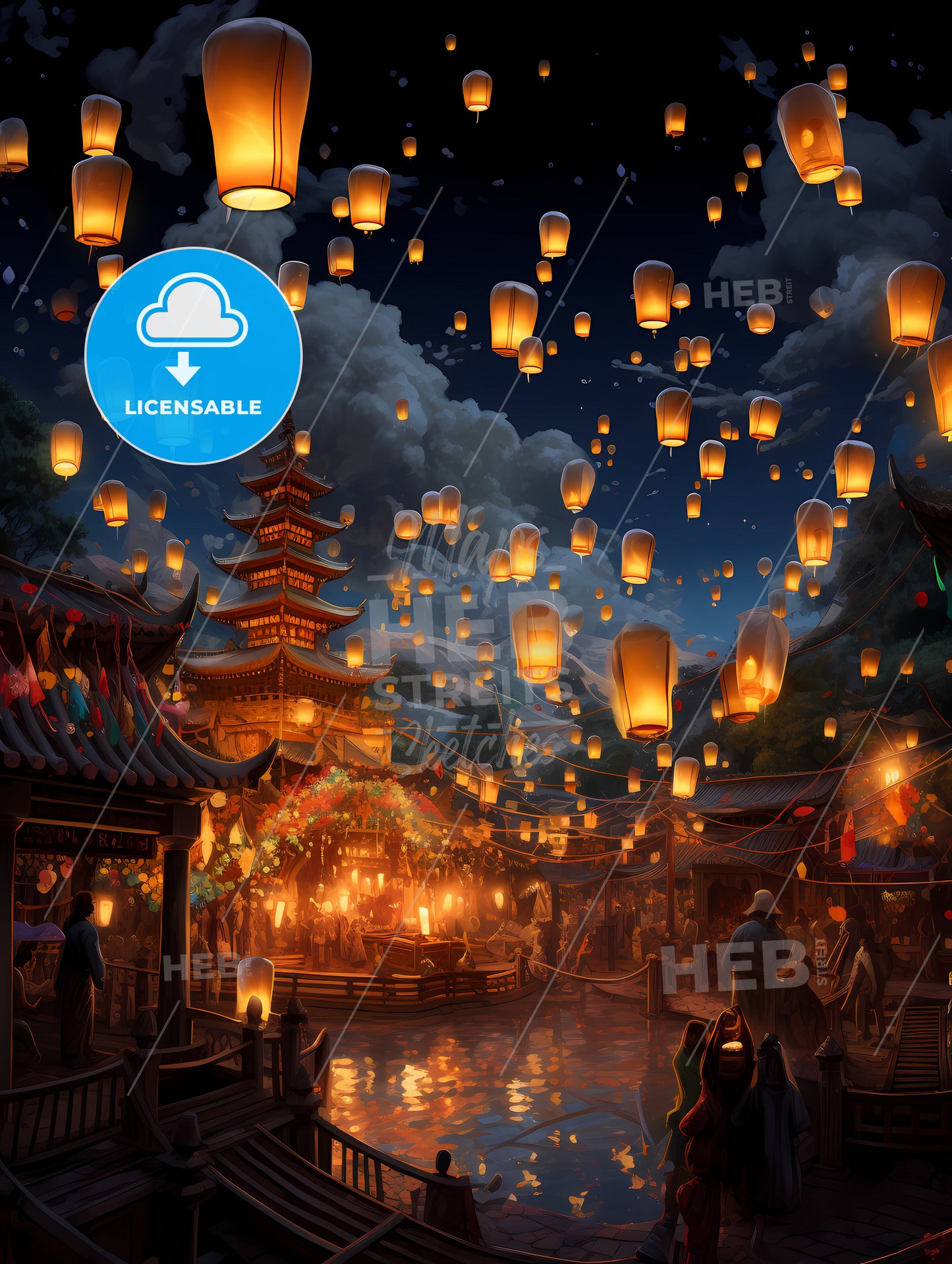 Celebration Scene With 100 Lanterns, A Building With Lanterns In The Sky