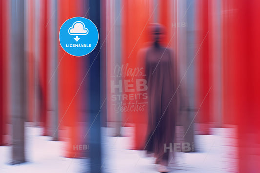 A Blurred Background, A Blurry Image Of A Person Walking In A Red And Blue Room