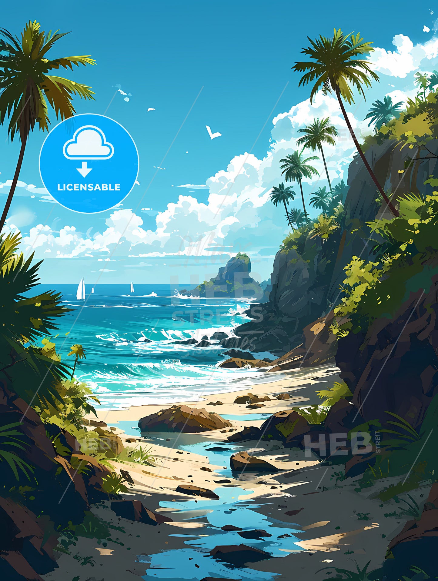 Long Beach Art Sketch With Clear Blue Background, A Beach With Palm Trees And Rocks