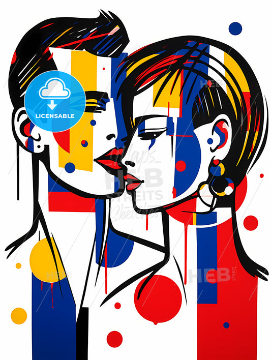 Minimalist Barber Art, A Man And Woman With Colorful Shapes