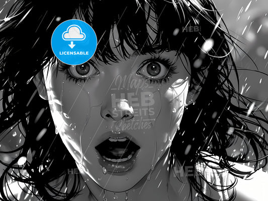 Portrait Of A Woman With An Expressive Face, A Woman With Her Mouth Open And Water Drops On Her Face