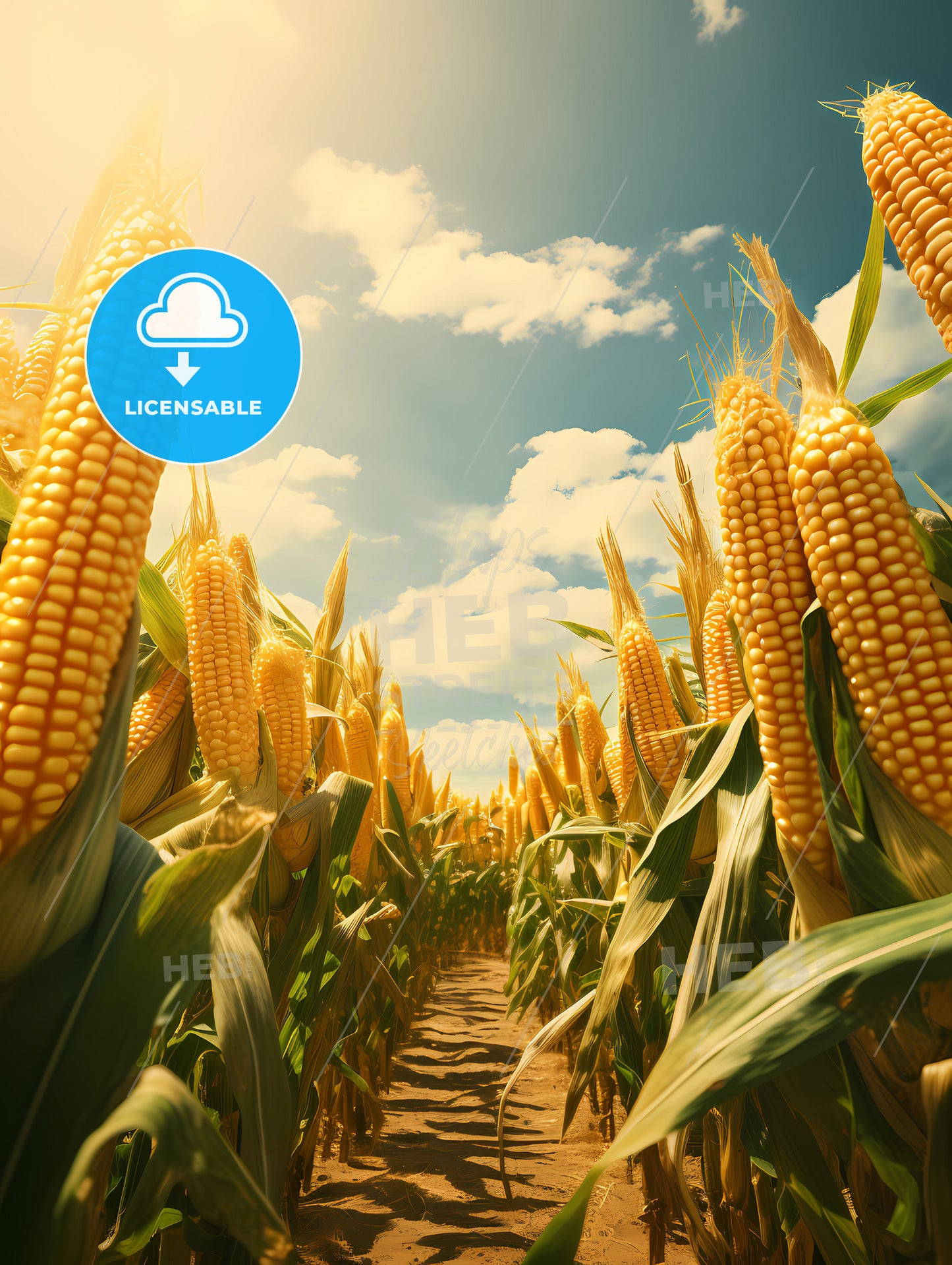 A Field Of Ripe Corn, A Field Of Corn With Blue Sky And Clouds