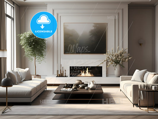 European Minimalist Styleliving Room, A Living Room With A Fireplace And White Furniture