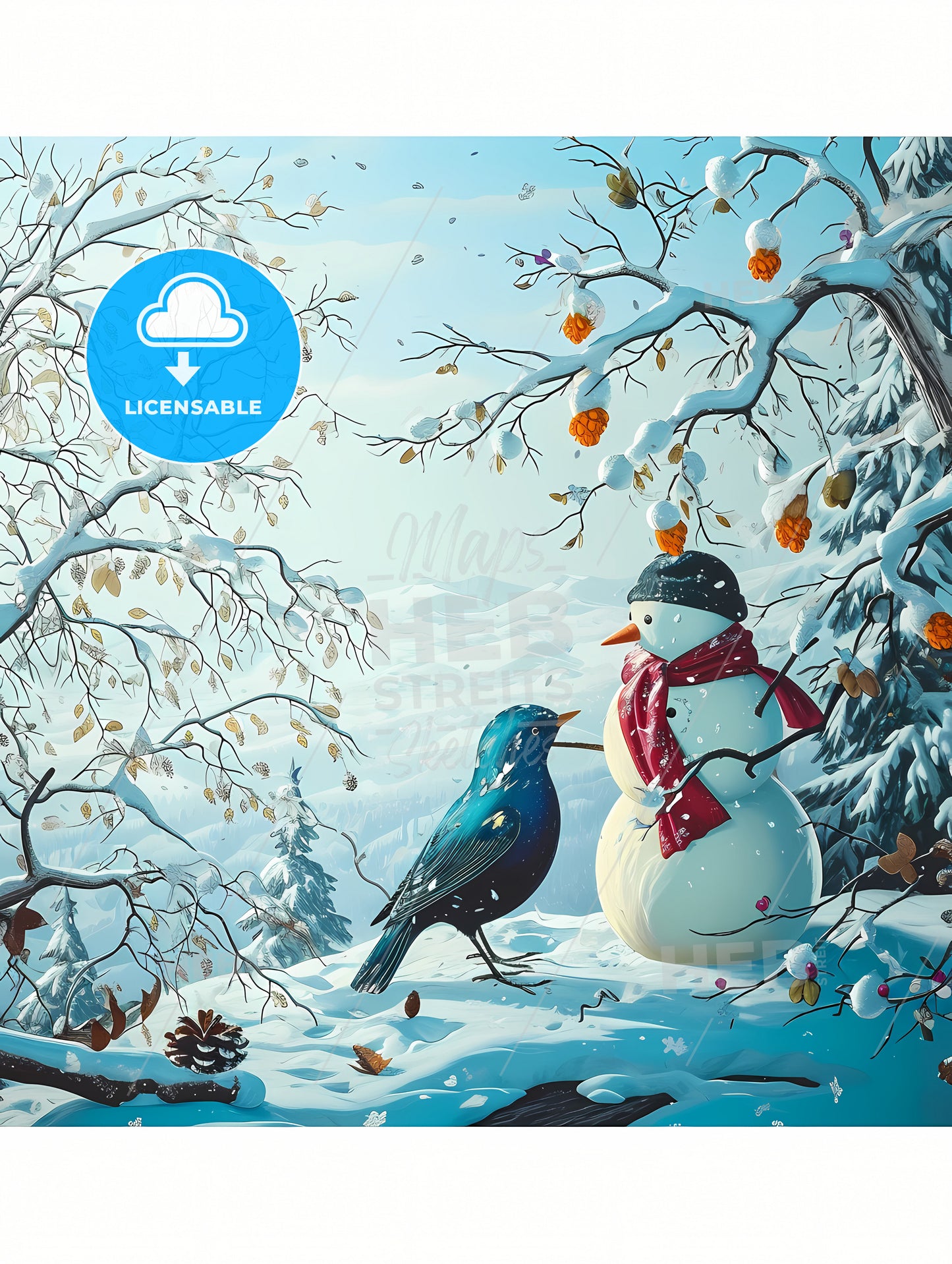Snowmen With Red Scarfs, A Snowman And A Bird In A Snowy Forest