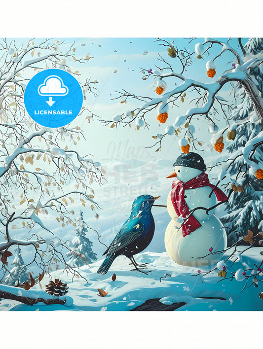 Snowmen With Red Scarfs, A Snowman And A Bird In A Snowy Forest